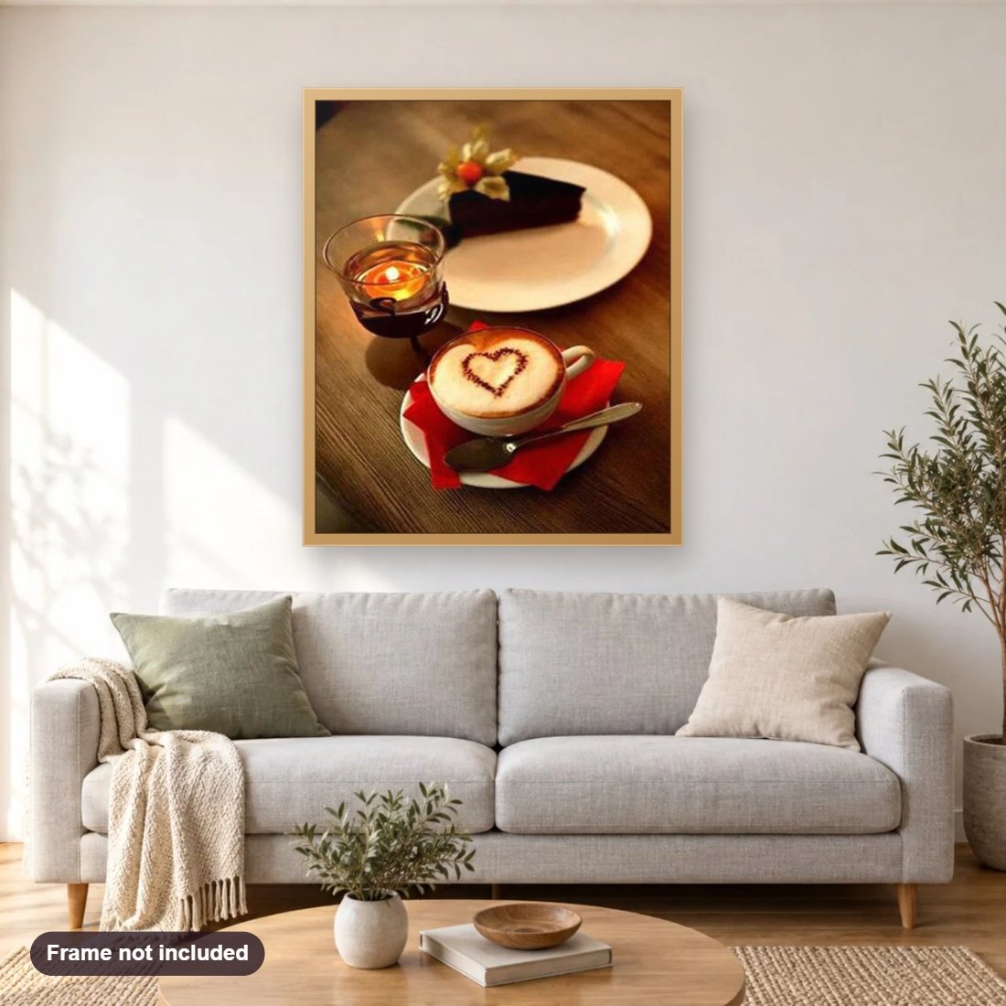 Coffee & Chocolate Pie diamond painting shown framed on a living room wall above a sofa