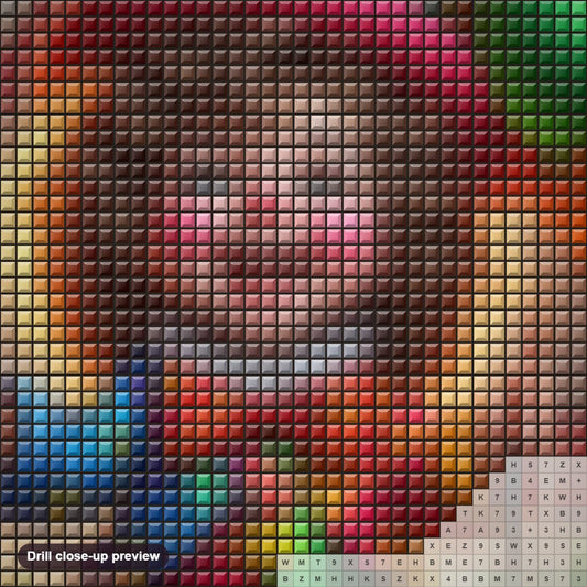 Close-up preview of the Color Bomb of a Laughing Clown diamond painting with square 5D drills and printed canvas symbols