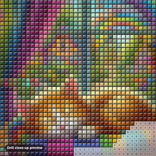 Close-up preview of the Color Splash Comfy Rainbow Cat diamond painting with square 5D drills and printed canvas symbols