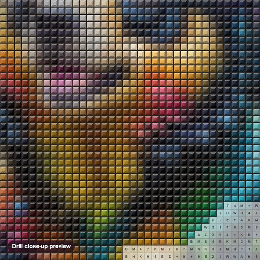Close-up preview of the Colorburst Energetic Bear diamond painting with square 5D drills and printed canvas symbols