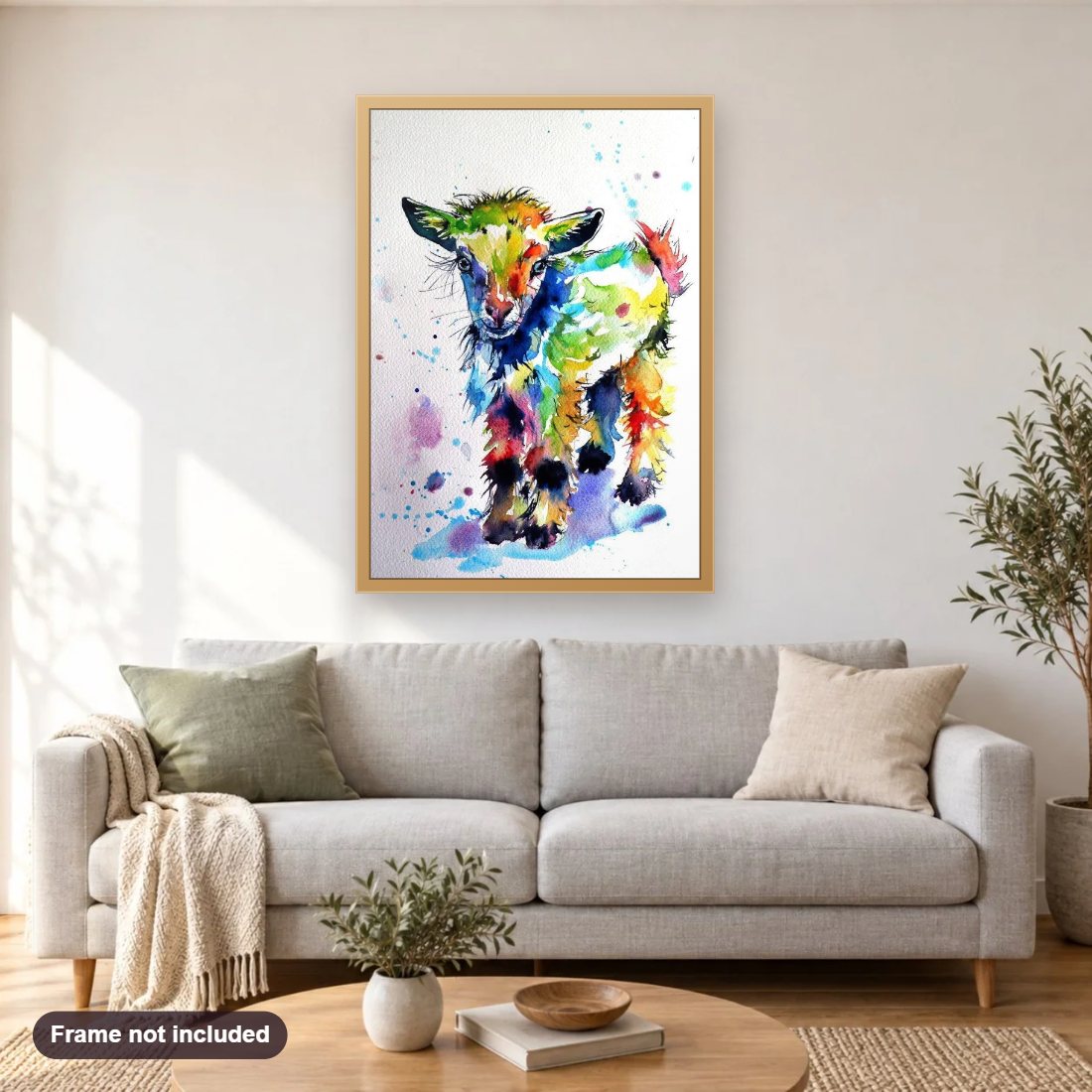 Colorful Artistic Goat diamond painting shown framed on a living room wall above a sofa