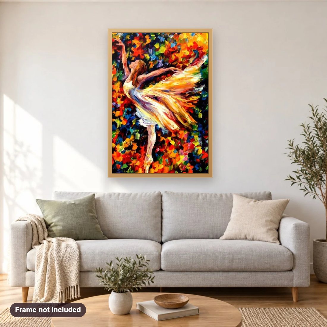 Colorful Ballerina Dancer diamond painting shown framed on a living room wall above a sofa