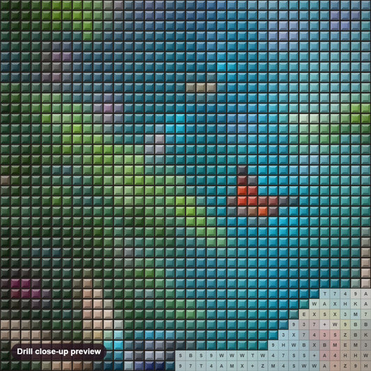 Close-up preview of the Colorful Birds & Butterflies In Garden diamond painting with square 5D drills and printed canvas symbols