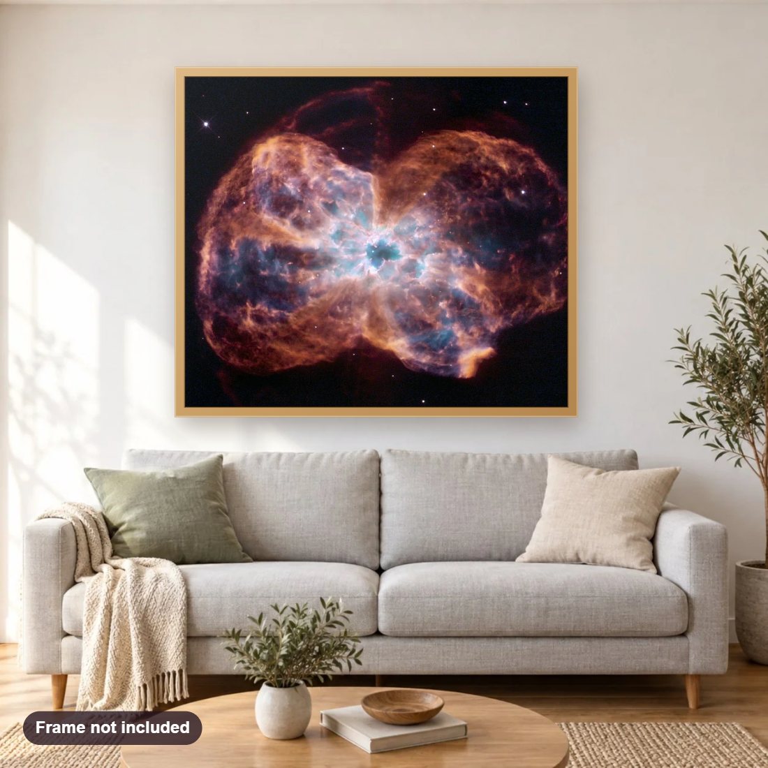 Colorful Demise of a Sun like Star diamond painting shown framed on a living room wall above a sofa