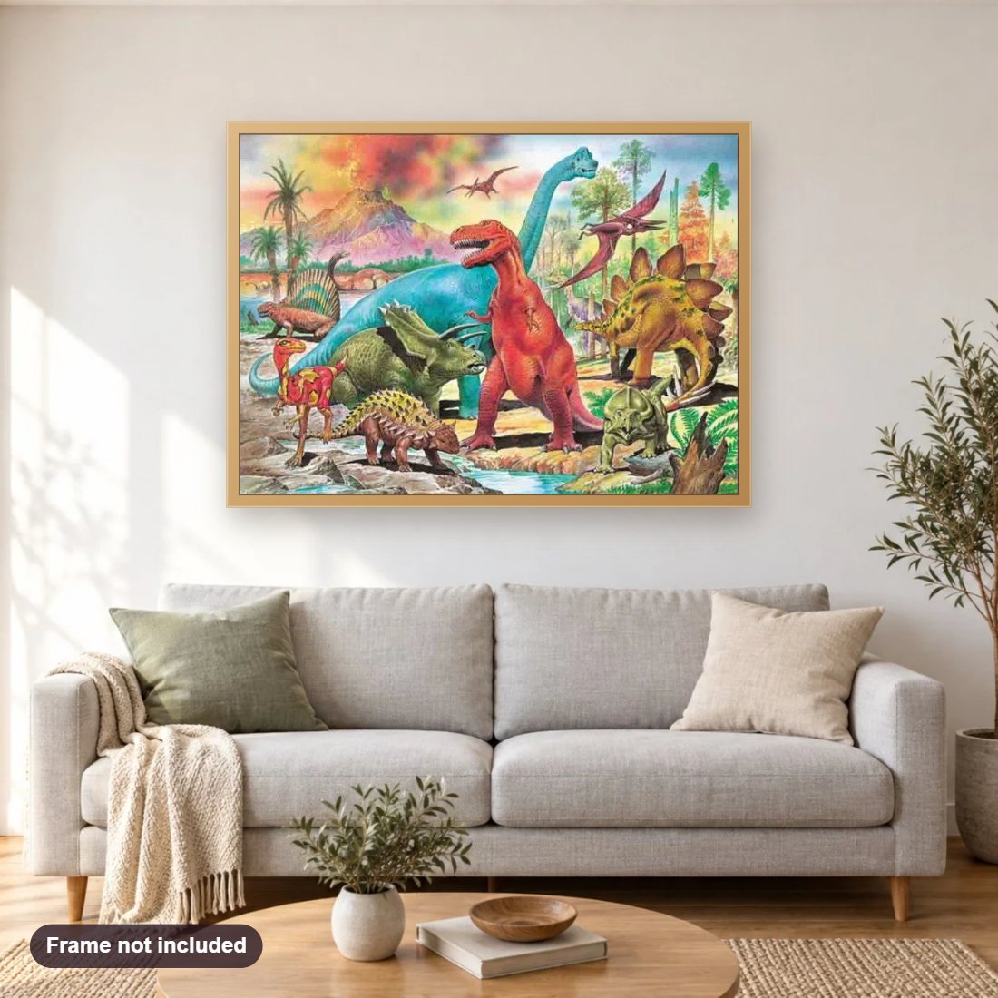 Colorful Dinosaurs diamond painting shown framed on a living room wall above a sofa