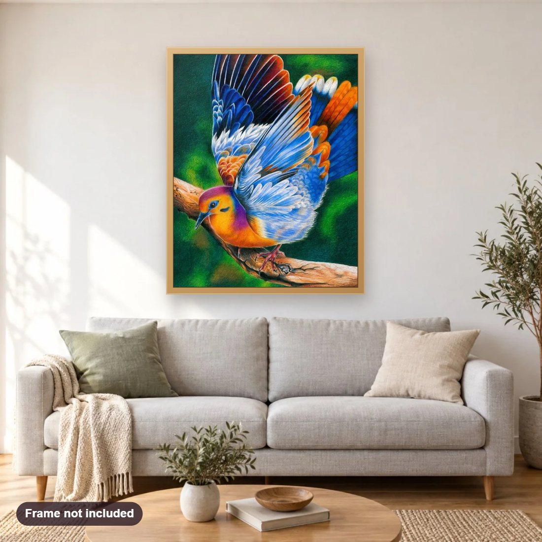 Colorful Dove diamond painting shown framed on a living room wall above a sofa