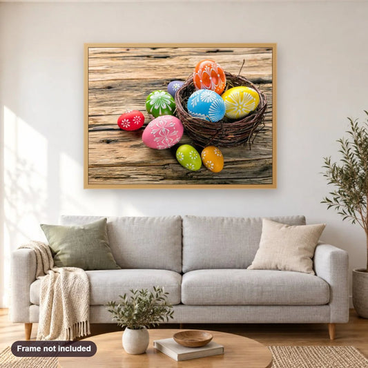 Colorful Easter Eggs diamond painting shown framed on a living room wall above a sofa