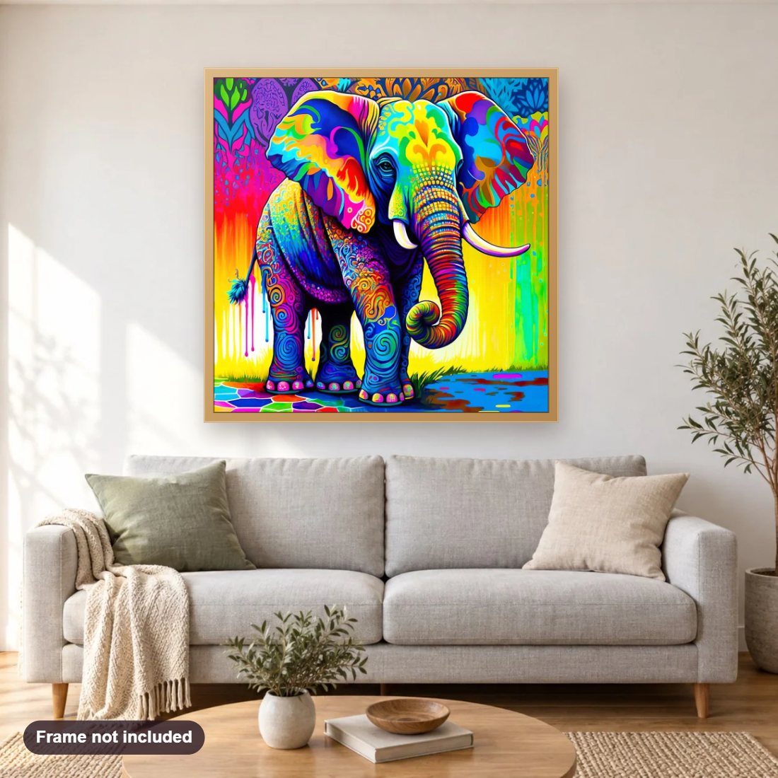 Colorful Elephant diamond painting shown framed on a living room wall above a sofa