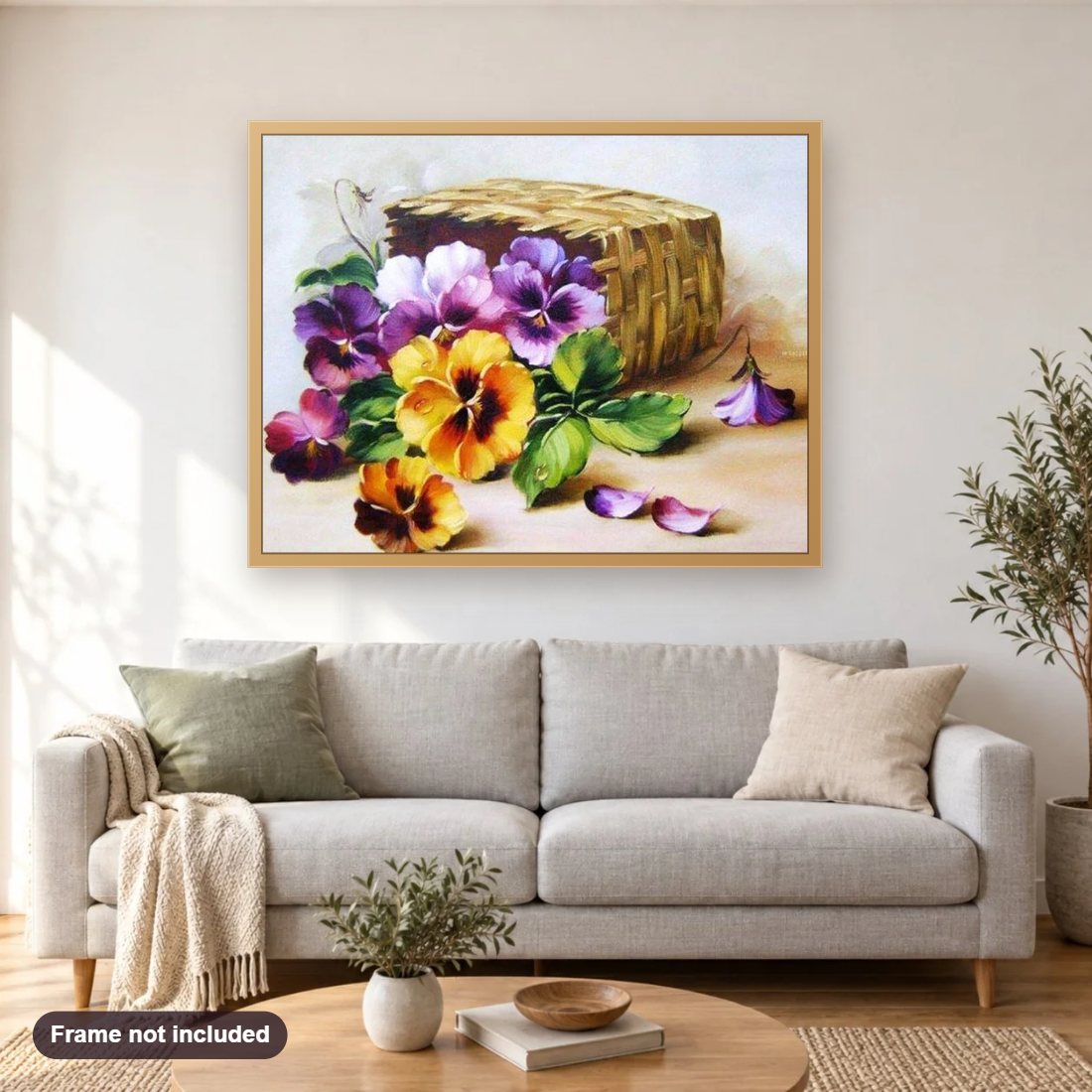Colorful Flowers diamond painting shown framed on a living room wall above a sofa