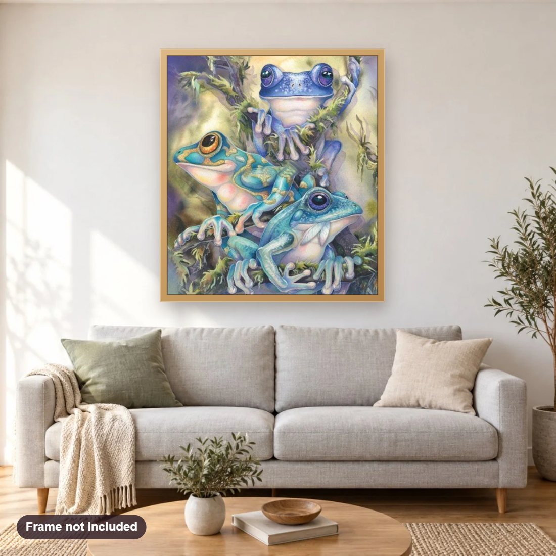 Colorful Frogs diamond painting shown framed on a living room wall above a sofa