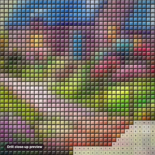 Close-up preview of the Colorful Garden diamond painting with square 5D drills and printed canvas symbols
