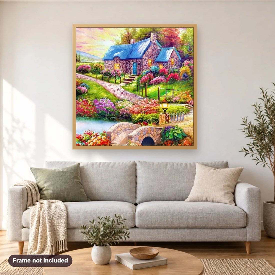 Colorful Garden diamond painting shown framed on a living room wall above a sofa