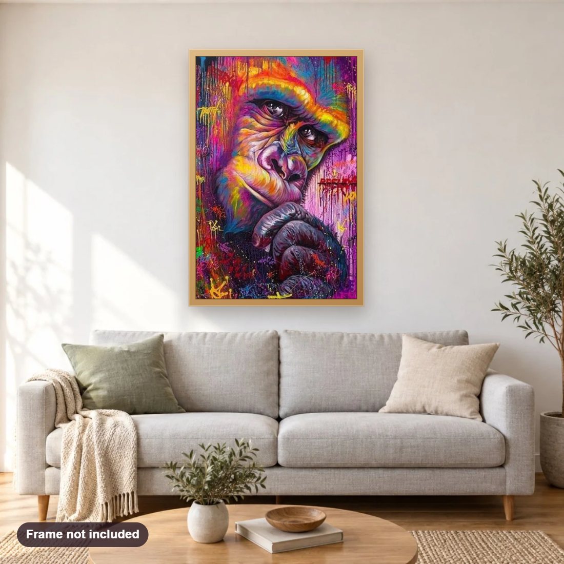 Colorful Gorilla Art diamond painting shown framed on a living room wall above a sofa