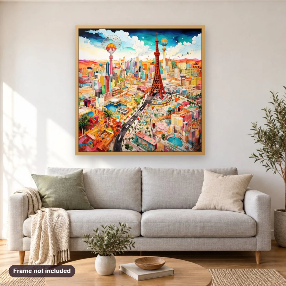 Colorful ink illustration diamond painting shown framed on a living room wall above a sofa