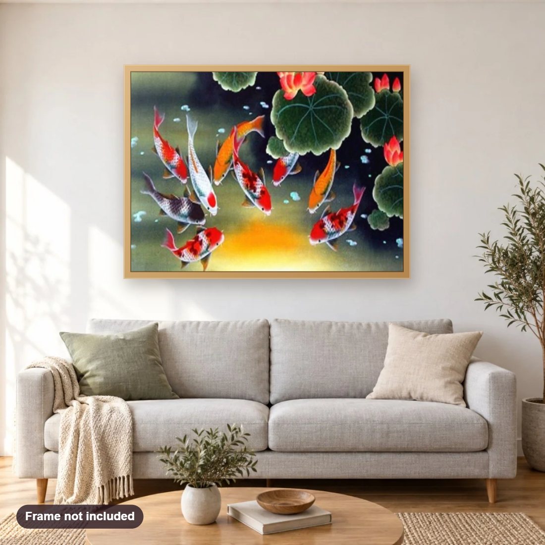 Colorful Koi Fish diamond painting shown framed on a living room wall above a sofa
