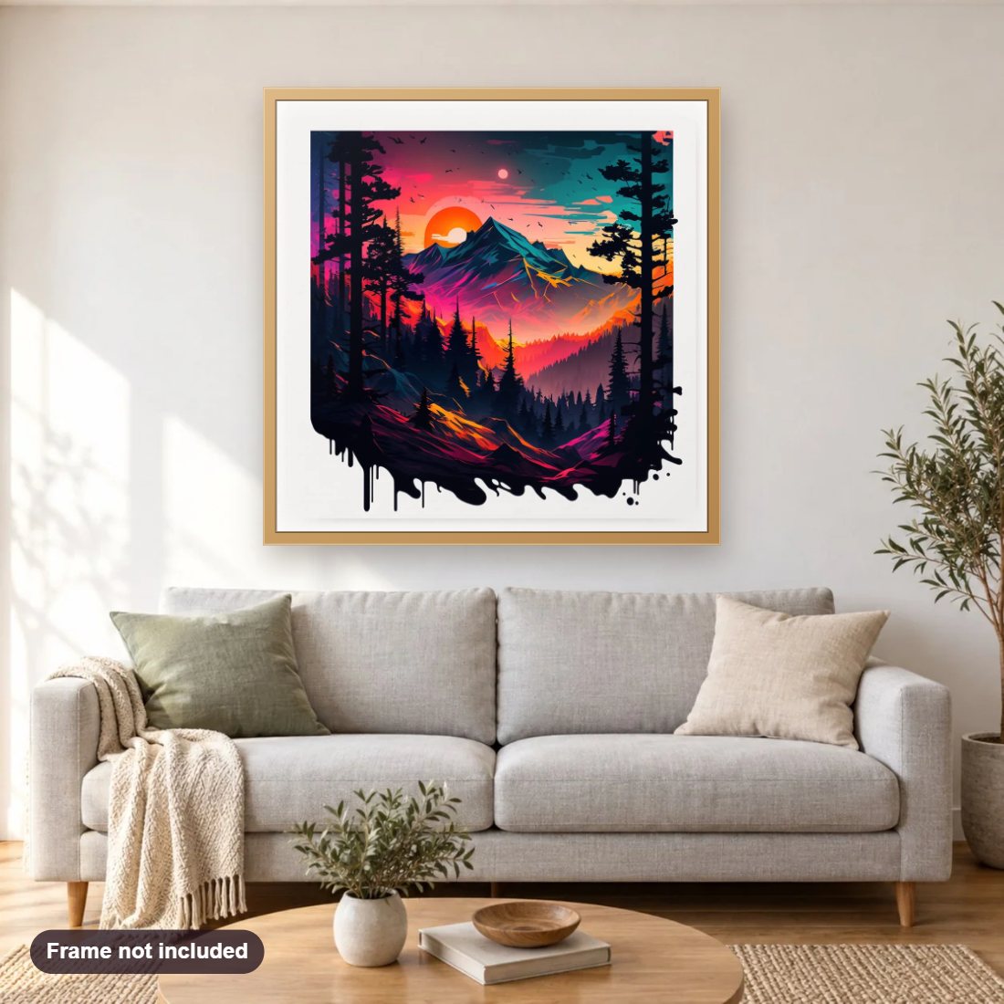 Colorful Landscape with the Sunset diamond painting shown framed on a living room wall above a sofa