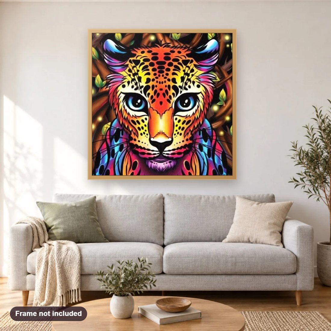 Colorful Leopard diamond painting shown framed on a living room wall above a sofa
