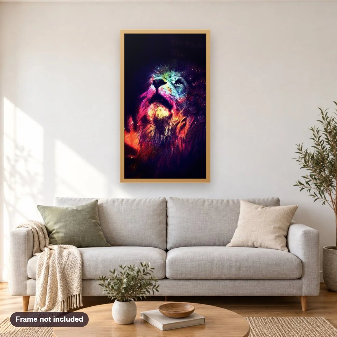 Colorful Lion Art diamond painting shown framed on a living room wall above a sofa