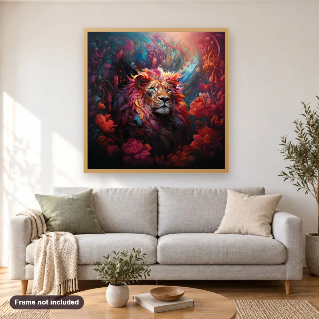 Colorful Lion in Flowers diamond painting shown framed on a living room wall above a sofa