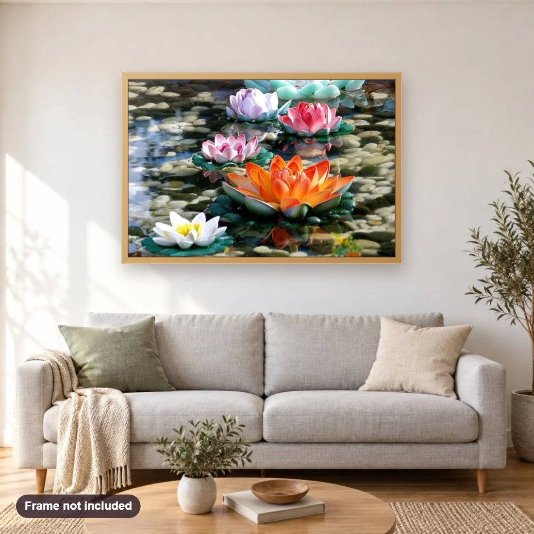 Colorful Lotus Flowers in Water diamond painting shown framed on a living room wall above a sofa