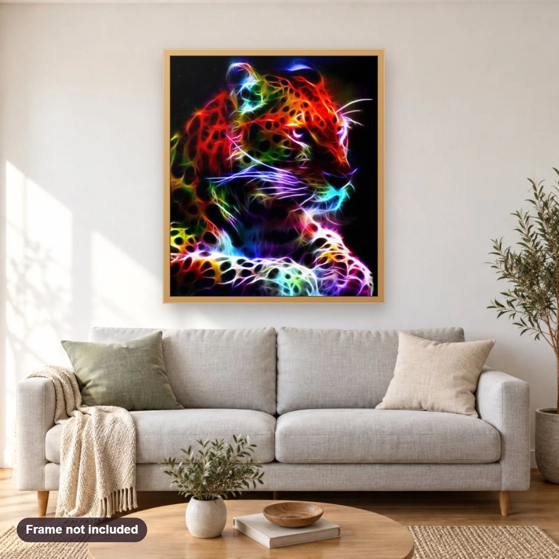 Colorful Neon Leopard diamond painting shown framed on a living room wall above a sofa