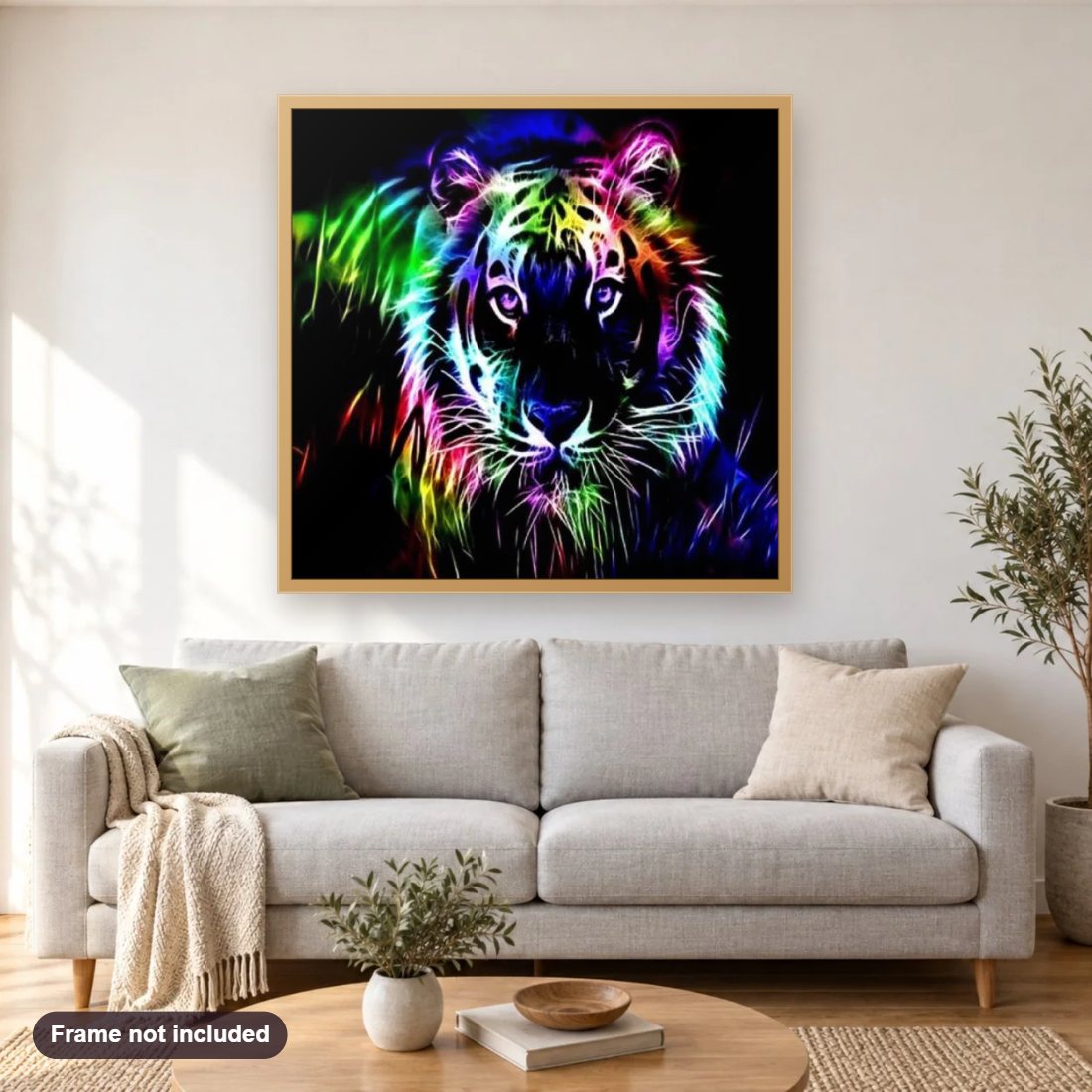 Colorful Neon Tiger diamond painting shown framed on a living room wall above a sofa