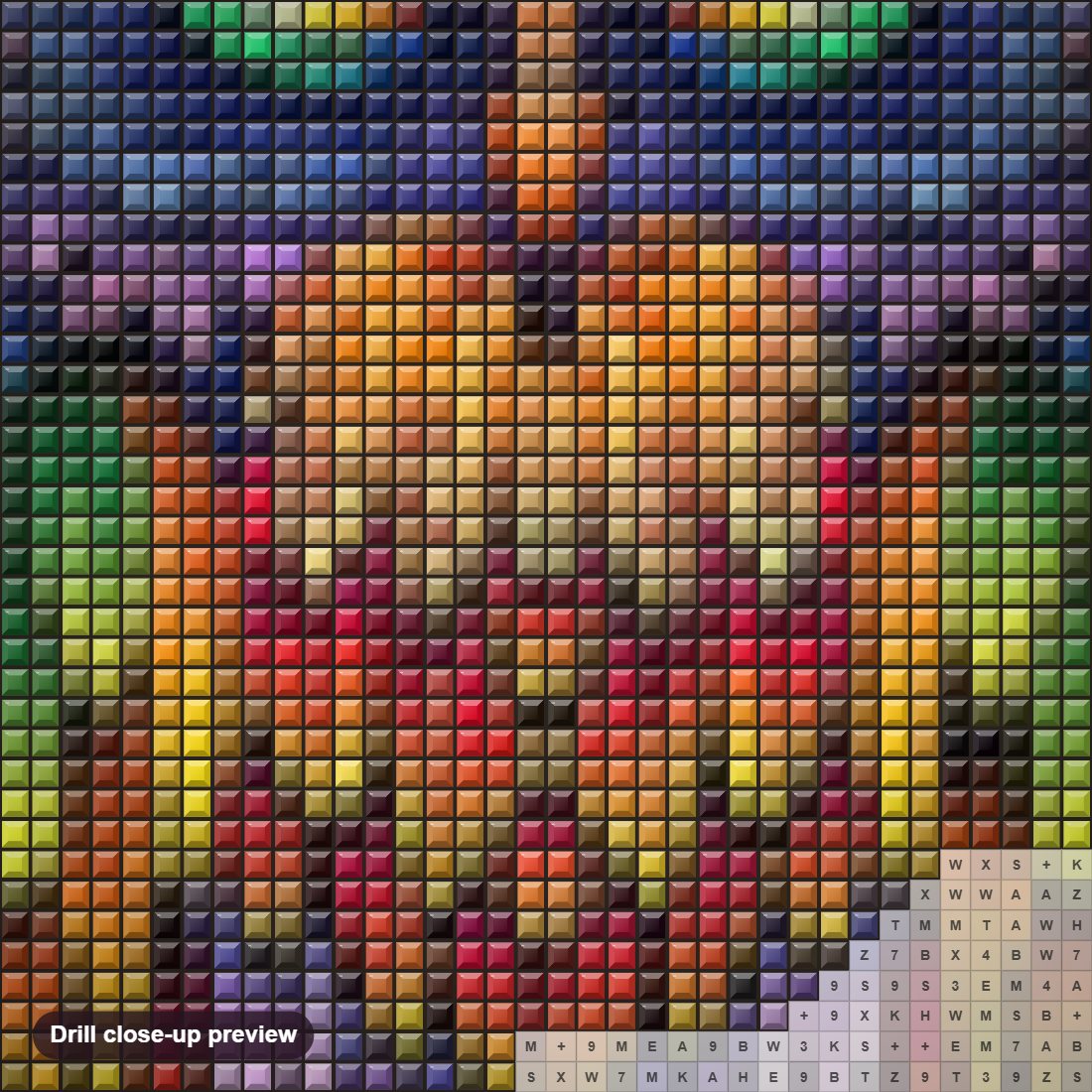 Close-up preview of the Colorful Owl diamond painting with square 5D drills and printed canvas symbols