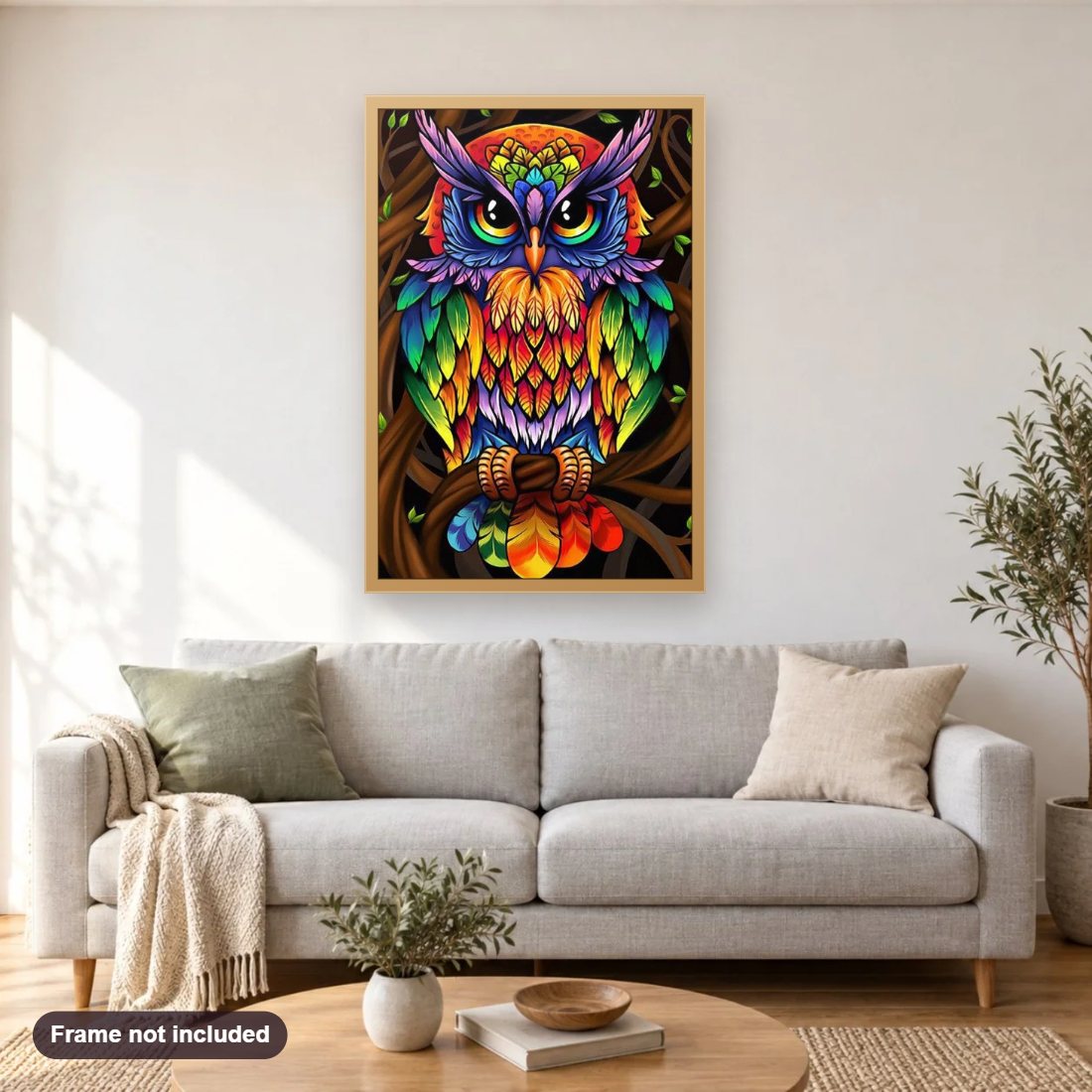 Colorful Owl diamond painting shown framed on a living room wall above a sofa