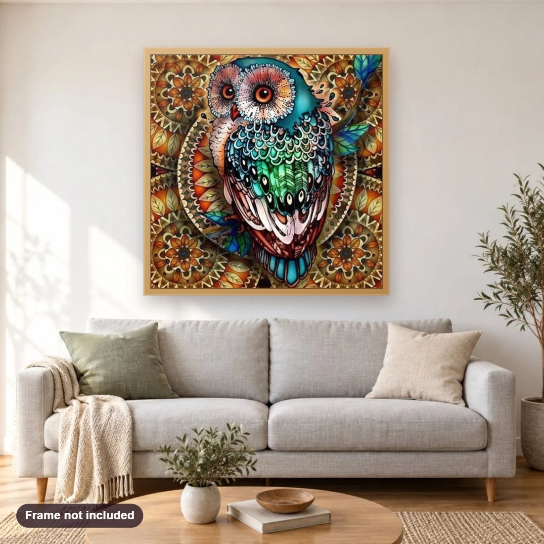 Colorful Owl diamond painting shown framed on a living room wall above a sofa