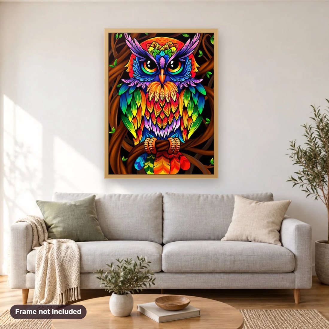 Colorful Owl diamond painting shown framed on a living room wall above a sofa