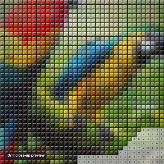 Close-up preview of the Colorful Parrots in Forest diamond painting with square 5D drills and printed canvas symbols