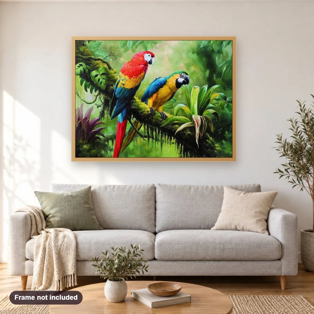 Colorful Parrots in Forest diamond painting shown framed on a living room wall above a sofa