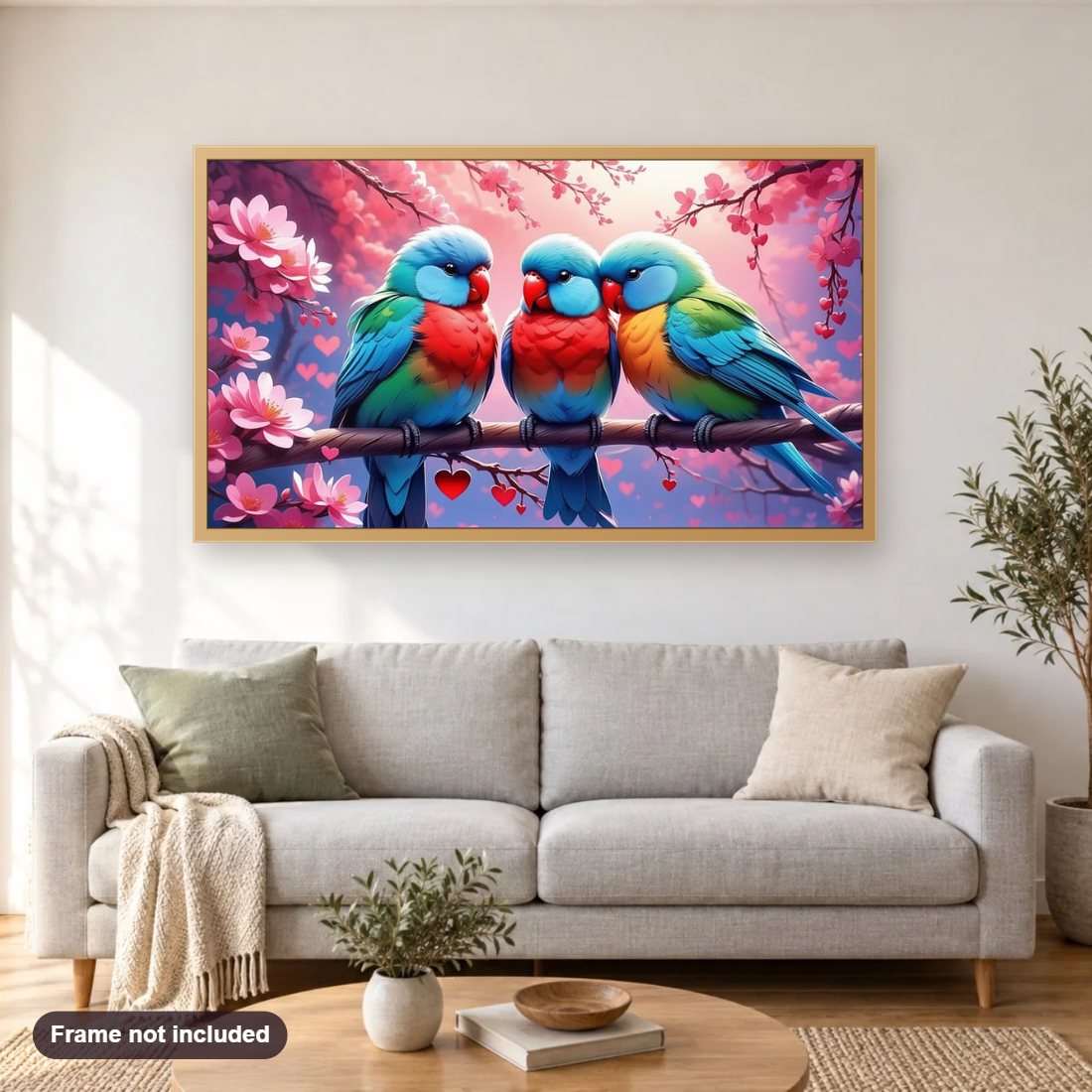 Colorful Parrots on a Branch diamond painting shown framed on a living room wall above a sofa