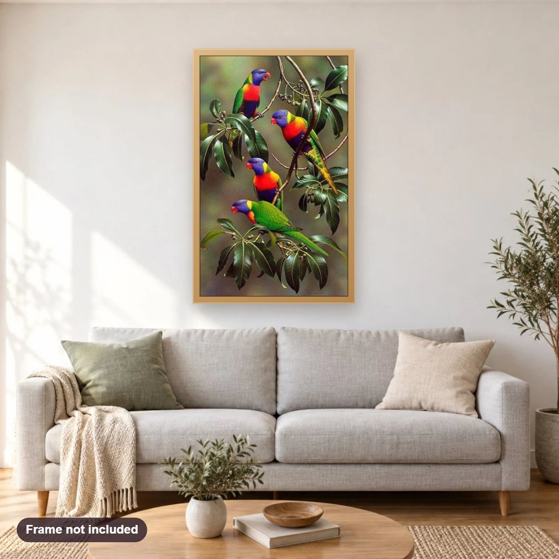 Colorful Parrots on Tree Branches diamond painting shown framed on a living room wall above a sofa