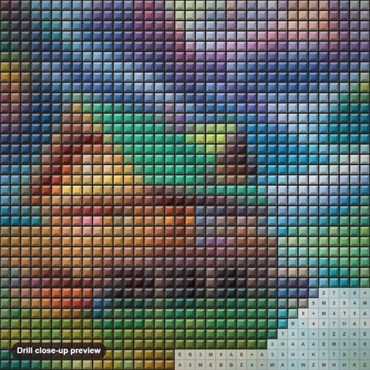 Close-up preview of the Colorful Peaks & Serene Waters diamond painting with square 5D drills and printed canvas symbols