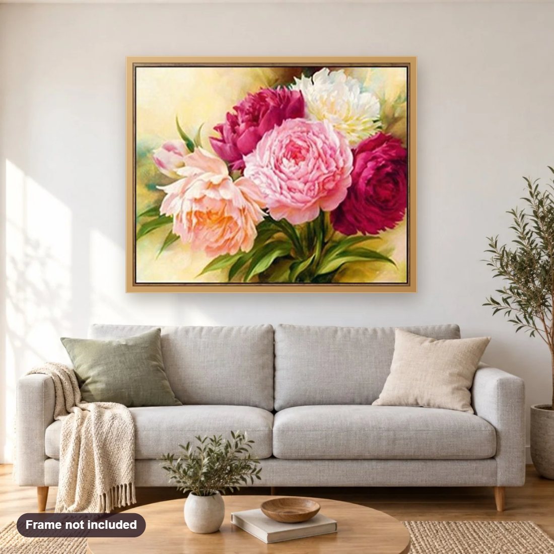 Colorful Peony Flower diamond painting shown framed on a living room wall above a sofa