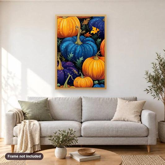 Colorful Pumpkins for Halloween Night diamond painting shown framed on a living room wall above a sofa