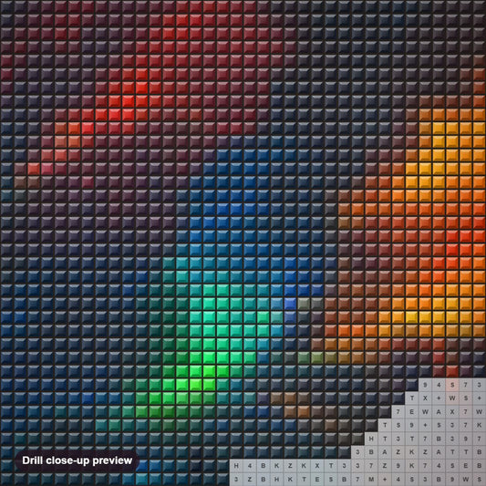 Close-up preview of the Colorful Rhads Art diamond painting with square 5D drills and printed canvas symbols