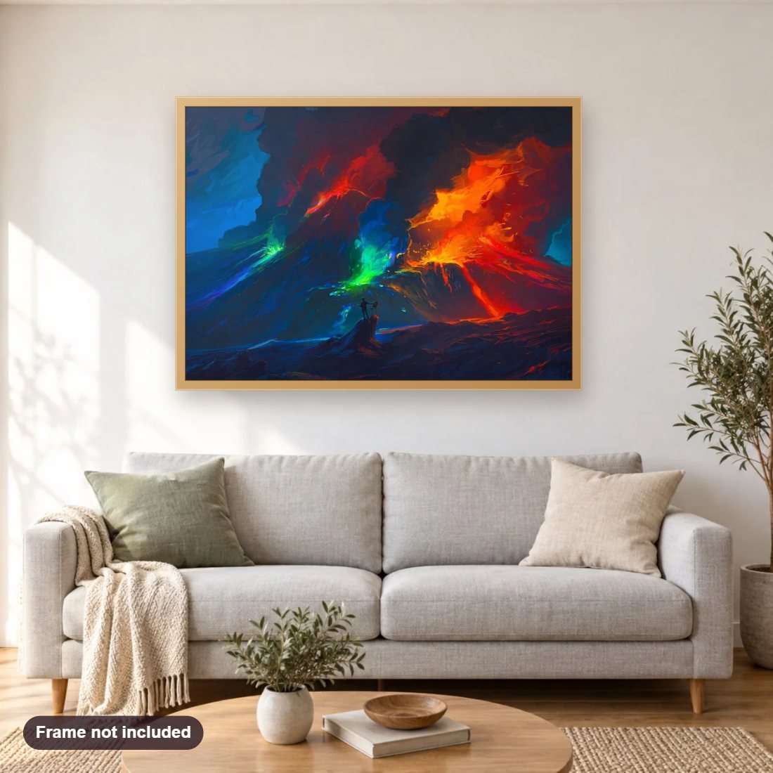Colorful Rhads Art diamond painting shown framed on a living room wall above a sofa