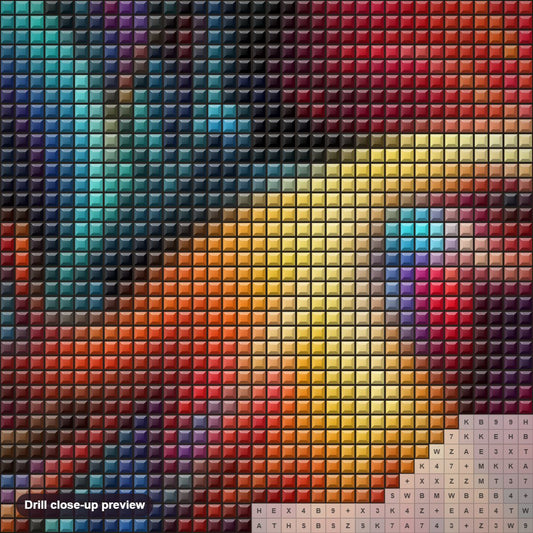 Close-up preview of the Colorful Rooster on Black Background diamond painting with square 5D drills and printed canvas symbols