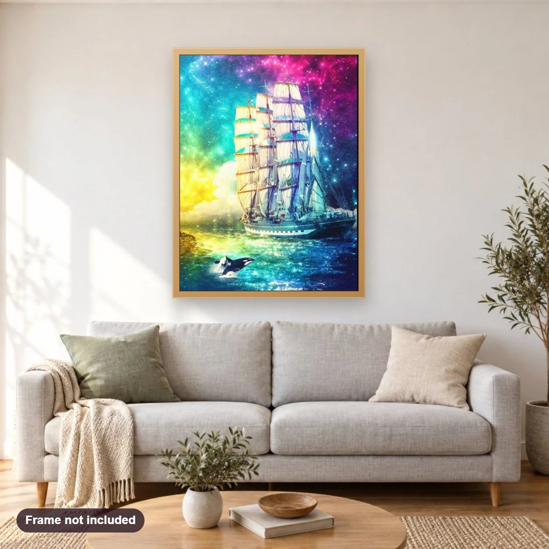 Colorful Sky & Sailing Ship diamond painting shown framed on a living room wall above a sofa