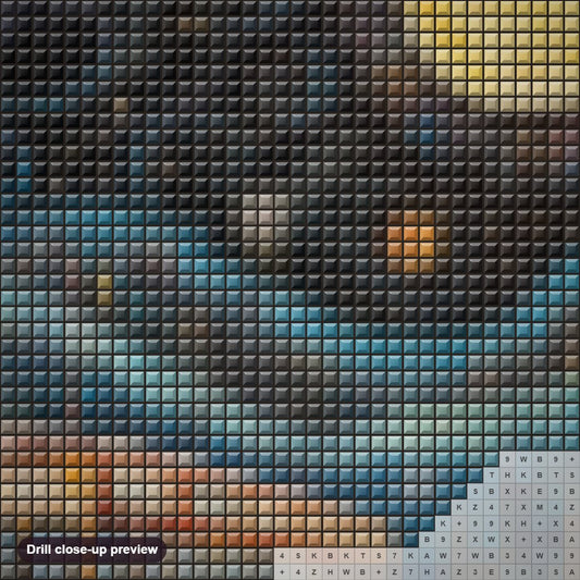 Close-up preview of the Colorful Starry Night diamond painting with square 5D drills and printed canvas symbols