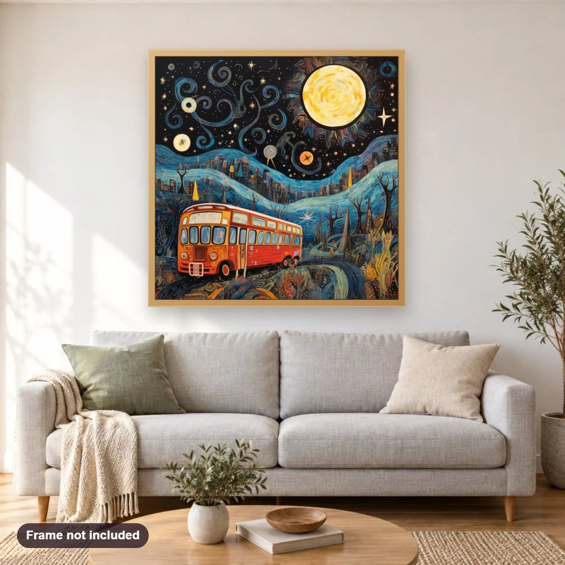Colorful Starry Night diamond painting shown framed on a living room wall above a sofa