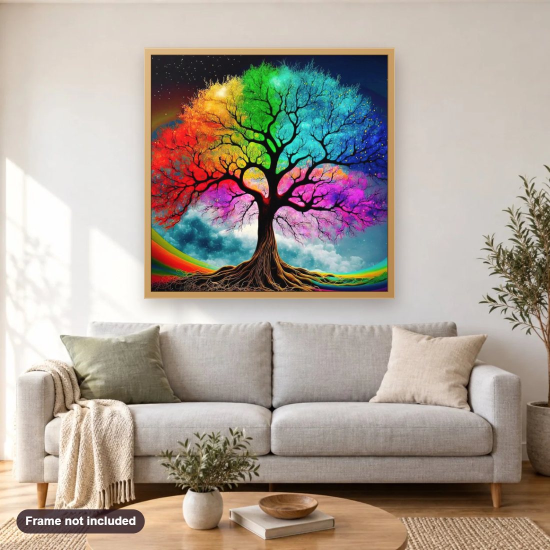 Colorful Tree diamond painting shown framed on a living room wall above a sofa