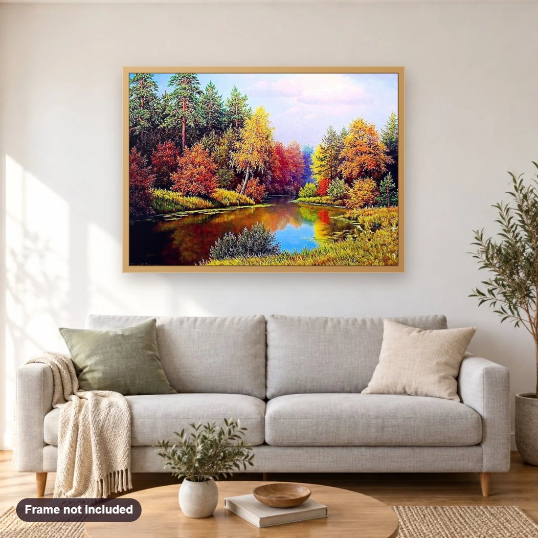 Colorful Trees by the Lake diamond painting shown framed on a living room wall above a sofa