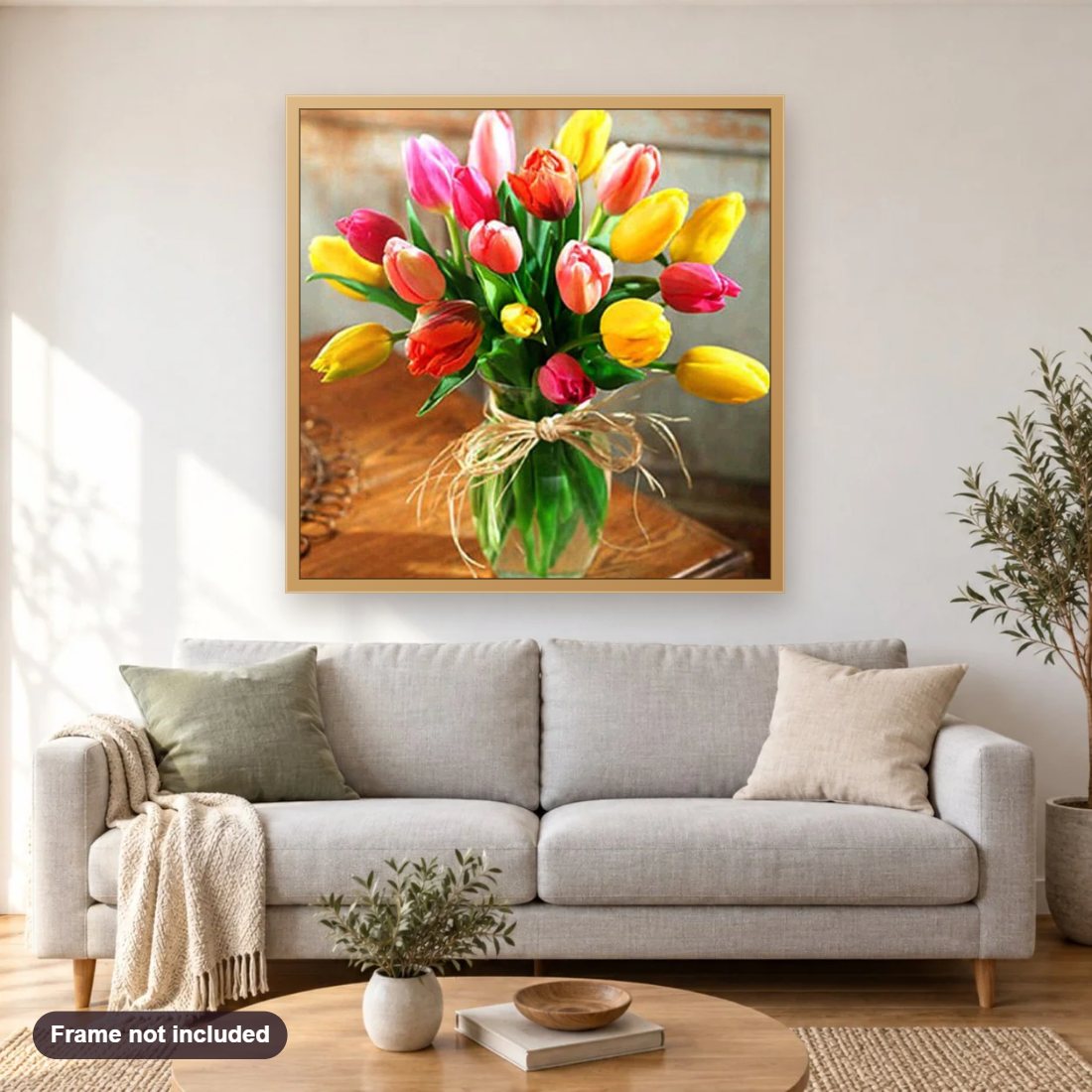 Colorful Tulips diamond painting shown framed on a living room wall above a sofa