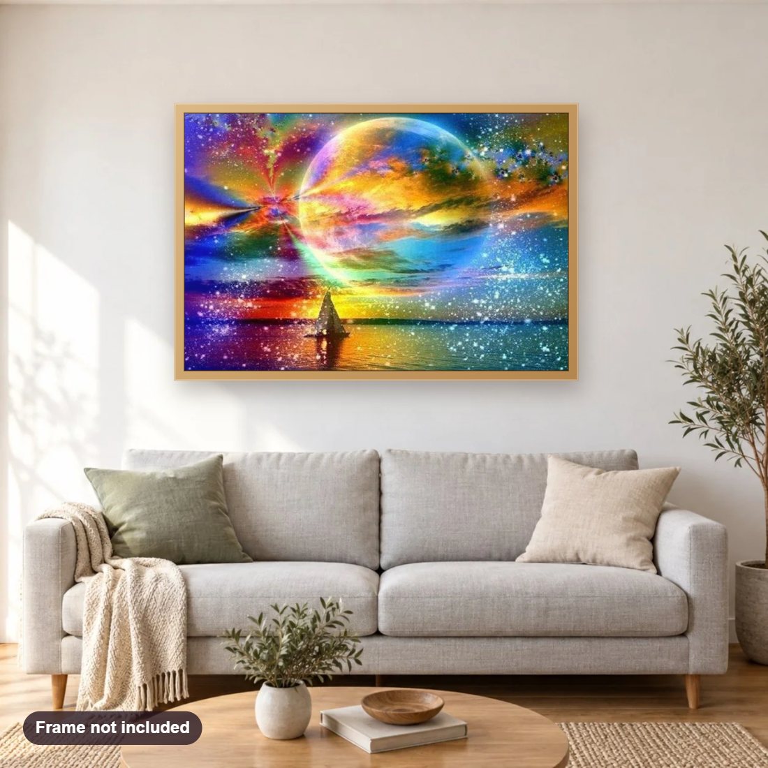 Colorful Universe diamond painting shown framed on a living room wall above a sofa
