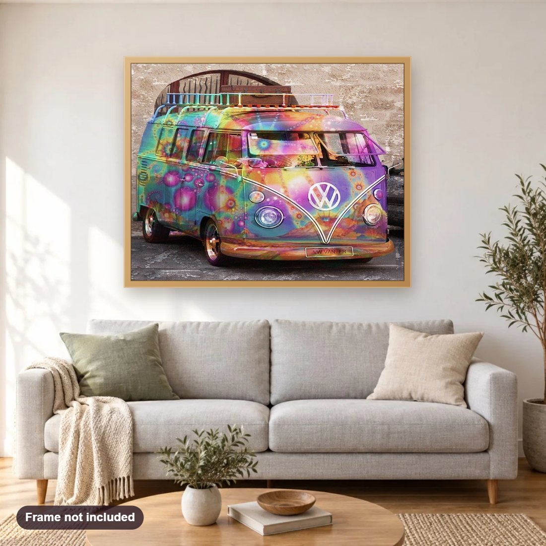 Colorful Van diamond painting shown framed on a living room wall above a sofa