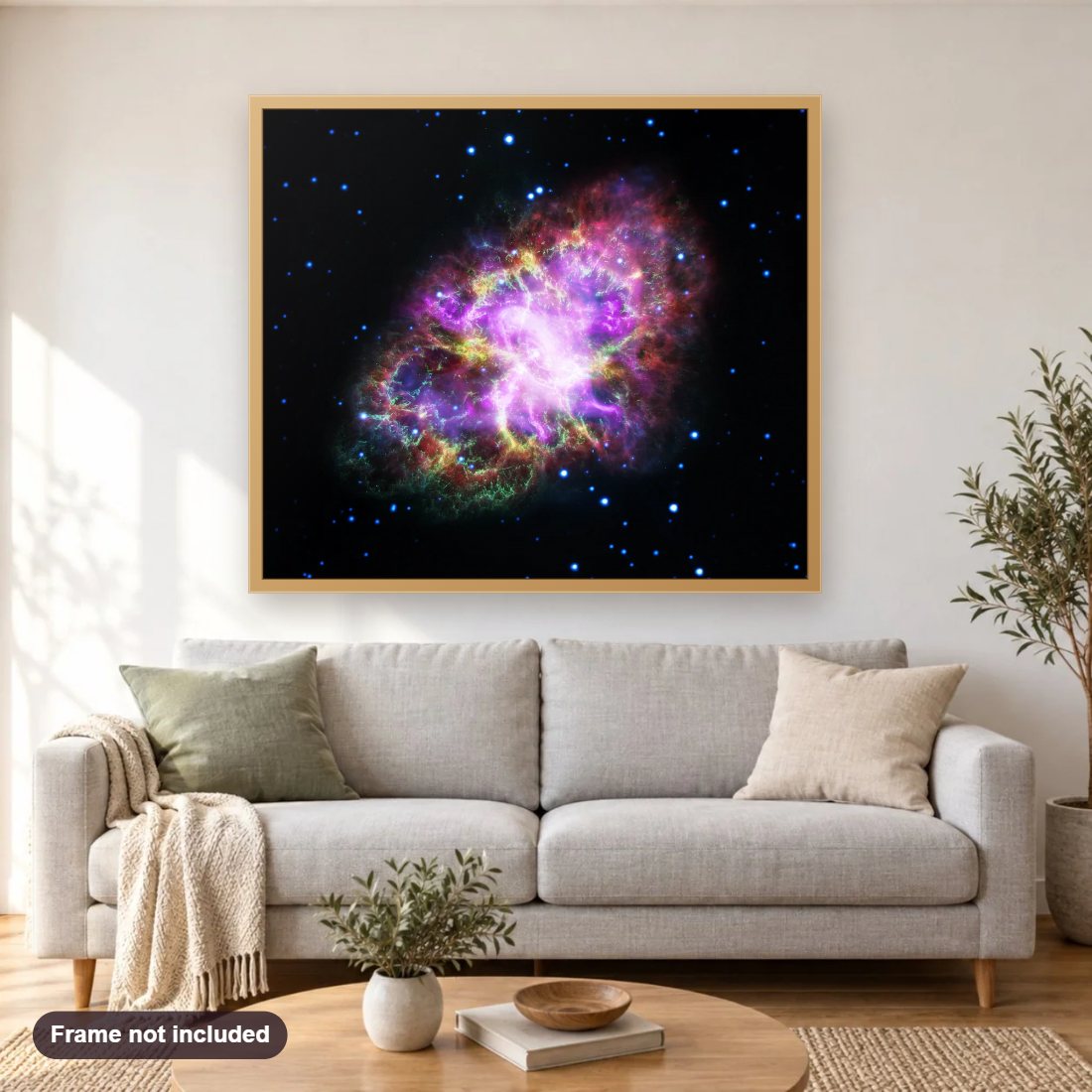 Colorful View of the Crab Nebula diamond painting shown framed on a living room wall above a sofa