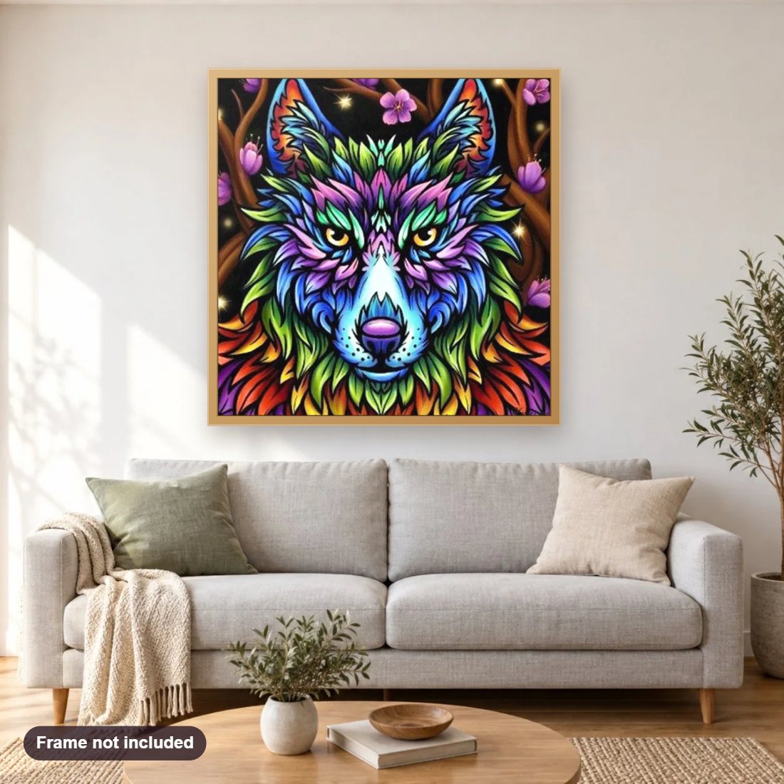 Colorful Wolf diamond painting shown framed on a living room wall above a sofa